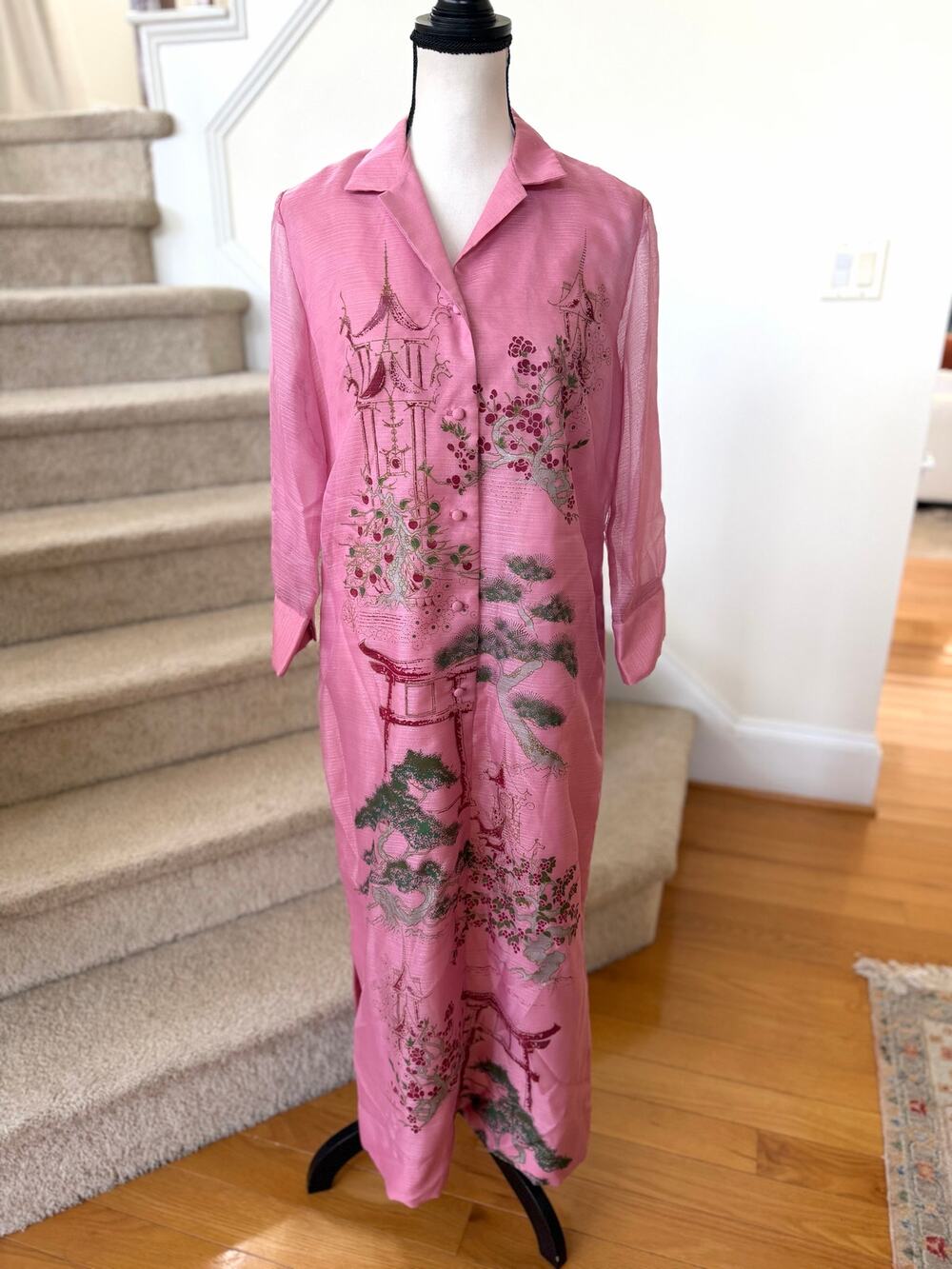 Alfred Shaheen 60s Printed Pink Chinoiserie Pagoda Shirt Dress Caftan SEE SIZE